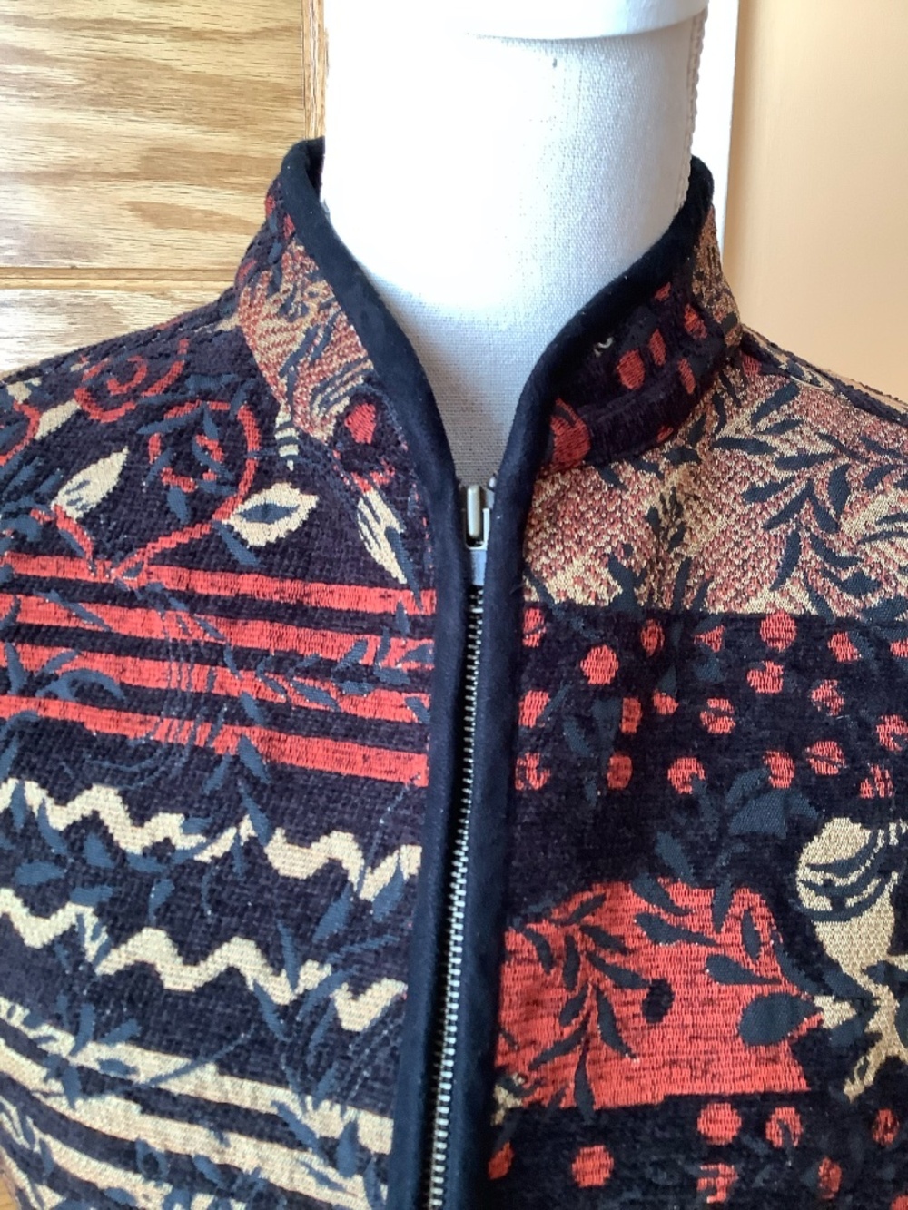 VINTAGE Tapestry Mixed Print Zip Front Jacket Boho Patchwork Motif M - Picture 5 of 11